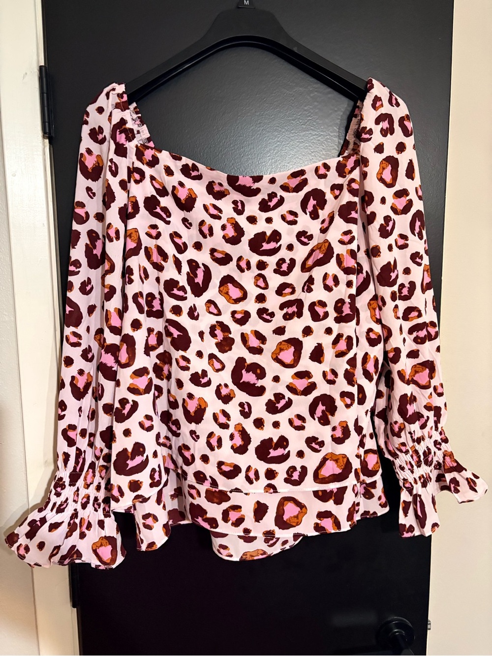 Pink Leopard Print Off-Shoulder Blouse with Ruffle Cuffs
